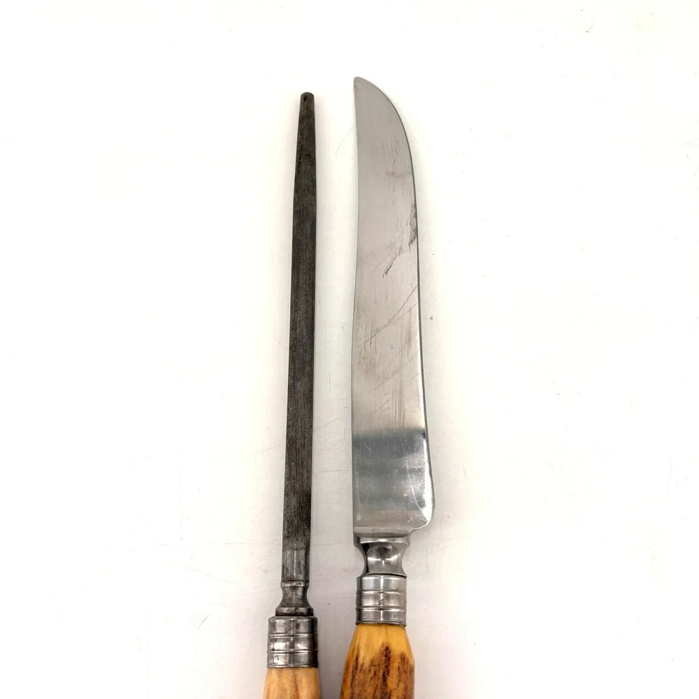 Vintage Sheffield England Stag Handle Carving Knife‎ & Honing Steel Set